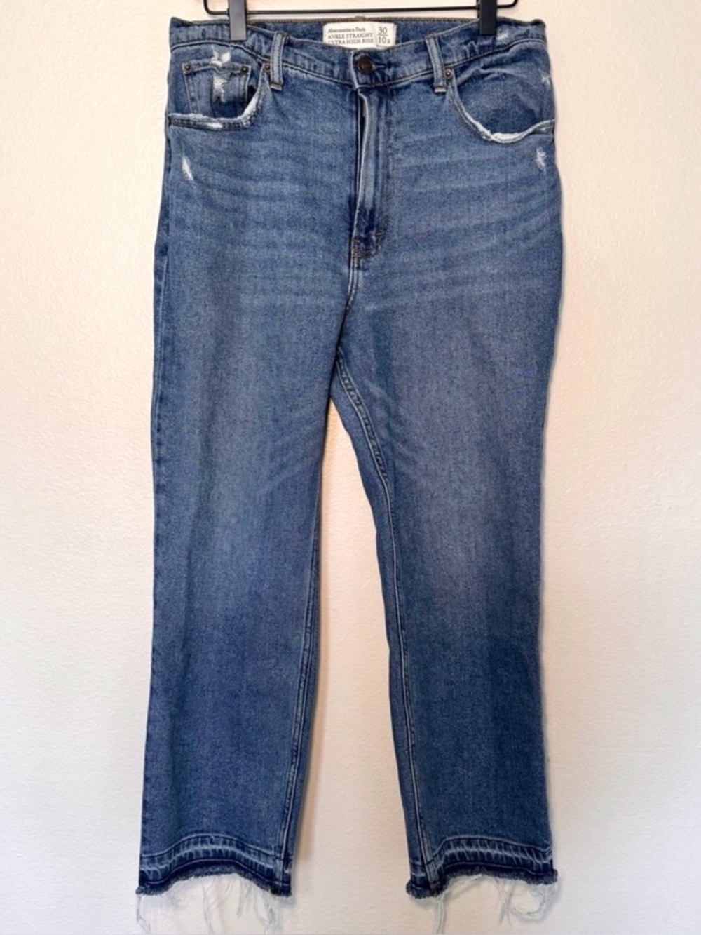 Abercrombie Ultra High Rise Straight Jeans 10R Raw Hem Distressed